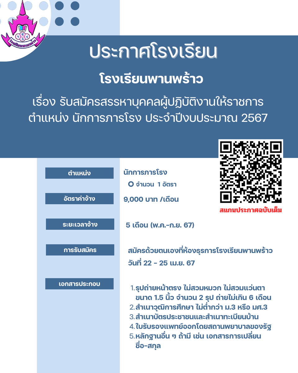 รับสมัครนักการภารโรง – โรงเรียนพานพร้าว